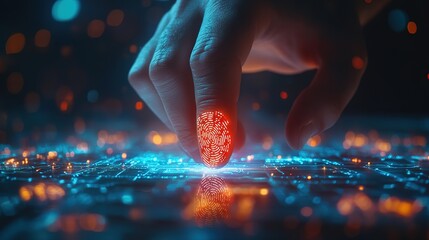 Poster - Man using thumb to scan finger print or for digital processing bio-metric identification to access security system includes internet banking, cloud system and Cyber security concept