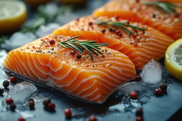 Canvas Print - Two vibrant salmon fillets rest on a slate surface, artfully garnished with rosemary and peppercorns, accompanied by fresh lemon slices and glistening water droplets.