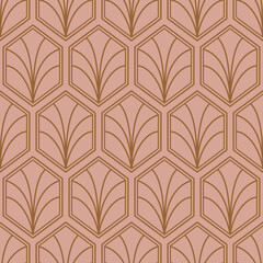 Wall Mural - Art Deco pattern background. Vintage ArtDeco geometric triangle cell pattern featuring gold lines on a taupe background.