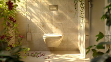 a modern bathroom with a toilet and green plants