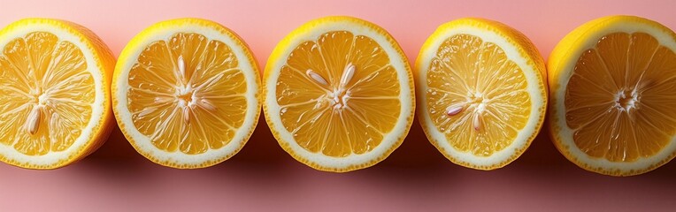 Canvas Print - summer background, banner, header . close-up, many slices of lemons, top view, pink background, light tone 