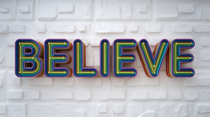 Colorful 3D neon sign on white brick wall, inspirational message, positive vibes, hope, and encouragement. 
