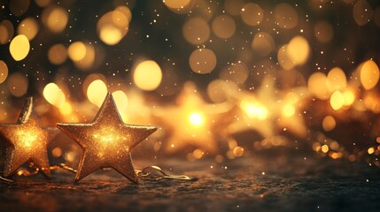 Poster - Golden stars with glitter against a magical bokeh background, creating a cozy and festive Christmas scene.