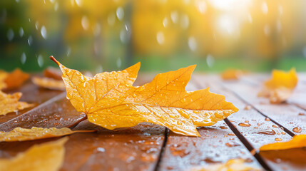 Wall Mural - golden autumn leaves glisten with raindrops on a wooden surface in a tranquil park