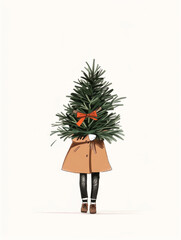 Illustration, sketch, watercolor - a girl in a beige coat and black leggings holds a Christmas tree in such a way that her face is not visible. Isolated on a white background.