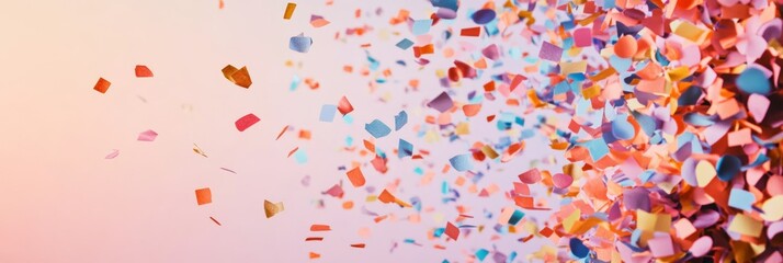 Poster - Colorful confetti floating in the air against a soft pastel background. Perfect for Christmas and celebration designs