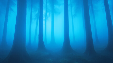 Wall Mural - mysterious blue mist envelops tall trees in a tranquil forest during twilight hours