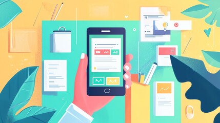 A vibrant illustration of a hand holding a smartphone amidst colorful documents and plants, showcasing modern digital communication.