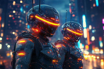 Robotic swat soldiers on a future city background. Robotic swat soldier team in futuristic tactical outfit armor and weapons standing on a science fiction background with glowing beam effect