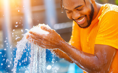 A man enjoys splashing water in a bright pool area during a sunny afternoon in summer