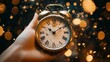 © olga_demina - A hand holding a golden clock, its sparkle adding holiday cheer and marking the countdown to the New Year.
