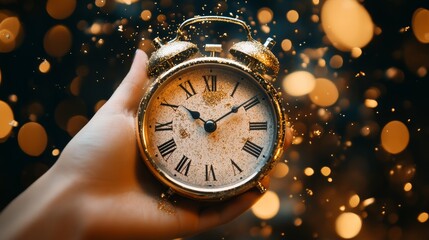 Aufkleber - A hand holding a golden clock, its sparkle adding holiday cheer and marking the countdown to the New Year.