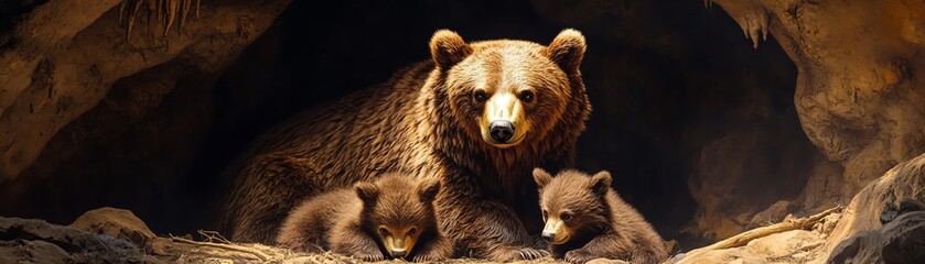 A majestic brown bear with two adorable cubs in a cozy cave setting, showcasing wild nature and family bonds in their natural habitat.