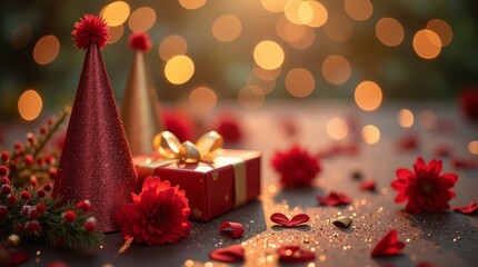 red party hat, gift box, and flowers on a sparkly surface with bokeh lights.