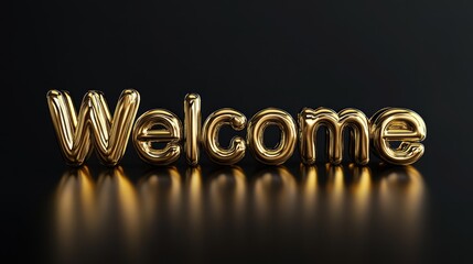 luxury golden welcome word on black background with reflection. greeting text for events, weddings, 