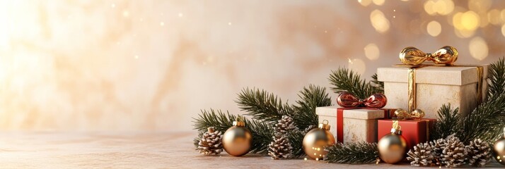 Poster - Christmas gift boxes and ornaments with pine branches and golden bokeh background. Festive decoration for Merry Christmas and happy new year.