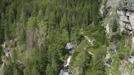 Wall Mural - aerial view of the Fanes waterfall complex in Trentino Alto Adige