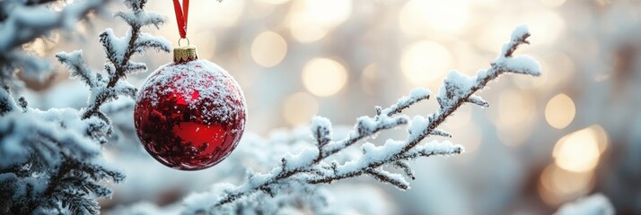 Poster - Silver Christmas ornament hanging on a frosted branch in the snow. Ideal for Christmas or New Year holiday backgrounds.