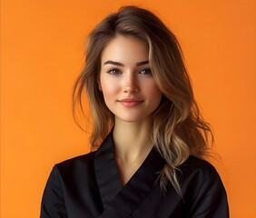 european woman master 35 years old, orange background