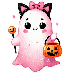 A happy pink ghost with cat ears and a bow on transparent background