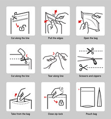 A set of icons for opening zip locks, tear notch on packaging. Zip and scissors vector icon set. Each icon perfect for your food bags, clothes vacuum bags, handbags, slider bags, ziplock bag. EPS10.