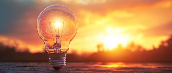 Light bulb on a surface with a glowing sunset in the background, symbolizing creativity, ideas, and innovation. Concept of inspiration and bright thinking.