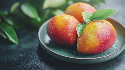 Wall Mural - Ripe Mangos in Bowl with Water Droplets