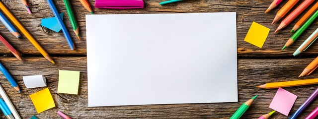 A blank sheet of white paper with the edges creased, sitting on top of an office desk that's also scattered with colorful pencils and Post-it notes