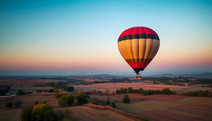 Hot Air Balloon Soaring Over Rural Landscape at Sunset.