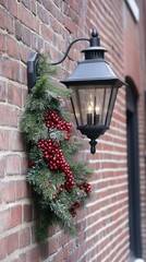 Canvas Print - A beautifully decorated Christmas wreath with red berries and pine branches enhances the charm of a lantern light on the exterior wall of a cozy brick house