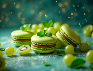 A collection of vibrant green macarons filled with chocolate ganache rests on a turquoise surface, surrounded by fresh grapes and mint leaves, creating a delightful dessert display