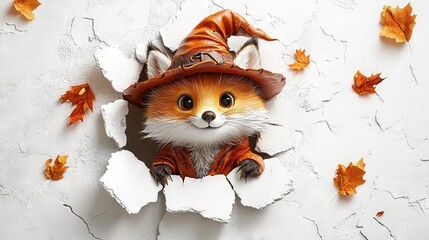 Sticker -   A painting depicts a fox donning a witch's hat and emerging from a wall's crevice, surrounded by foliage