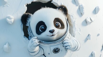 Poster -   A panda bear wearing an astronaut suit peeks through a wall with a hole in it