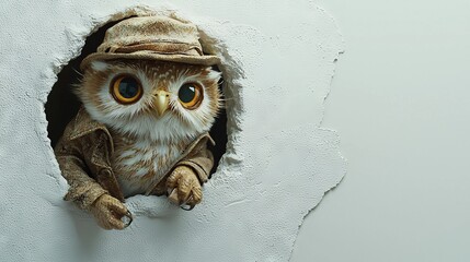 Canvas Print -   Stuffed owl peeking from wall hole with hat