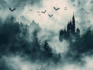  Halloween backdrop with fog bats and grungy castle