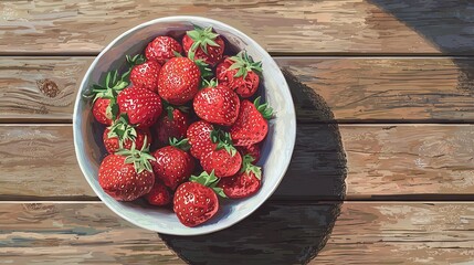 Sticker -   A strawberry painting in white bowl on wooden table with shadowed figure