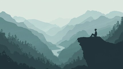 Canvas Print -   Person atop cliff's edge, surveying valley & distant river