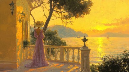 Canvas Print -   A woman in a pink dress gazes upon the serene sunset over the tranquil water below