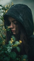 Canvas Print -   A woman in a black raincoat and hood stands amidst yellow flowers in a field