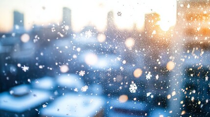 Poster - Frosted city window with snowflakes and bokeh lights creating a cozy winter and Christmas atmosphere. Perfect for holiday backgrounds.