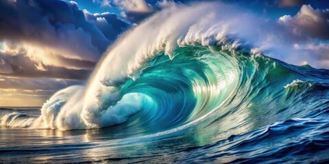 Powerful ocean wave building up momentum before crashing onto the shore nature force water sea foam spray motion dramatic beauty underwater aquatic surge energy blue nature scenic