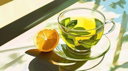 Poster -   A cup of green tea with an orange slice on a saucer and a window sill in the background