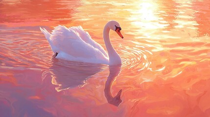 Canvas Print -   A white swan floats atop water alongside an orange-pink sunlit sky