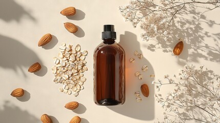 Poster -   A white surface holds an almond oil bottle and almonds in shadow