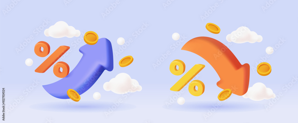 Percent arrow icon set. Set of advertising posters with percent sign ...