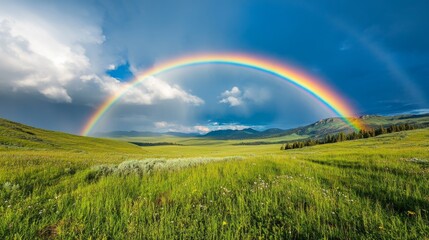 Wall Mural - spectacular rainbow over green meadow