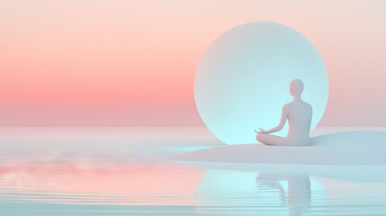 Sticker -   Person meditating in lotus pose beside water with large egg in background