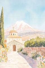 Wall Mural - Gouache Illustration of Armenia's Sunny Morning, Detailed Soft Pastel Colour Palette, Vintage Vogue Style Generative AI