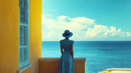 Wall Mural -   A woman in a blue dress and a hat on a yellow balcony overlooking the ocean