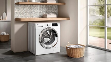 This small laundry room features a neutral color scheme with a white tile backsplash, wooden shelves, and wicker baskets for storage above the washing machines